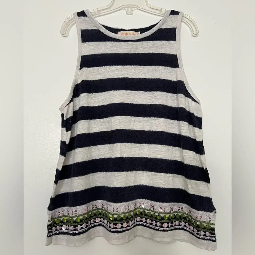 Tory Burch Navy/White Striped Sequin Bottom Cotton/Linen Tank